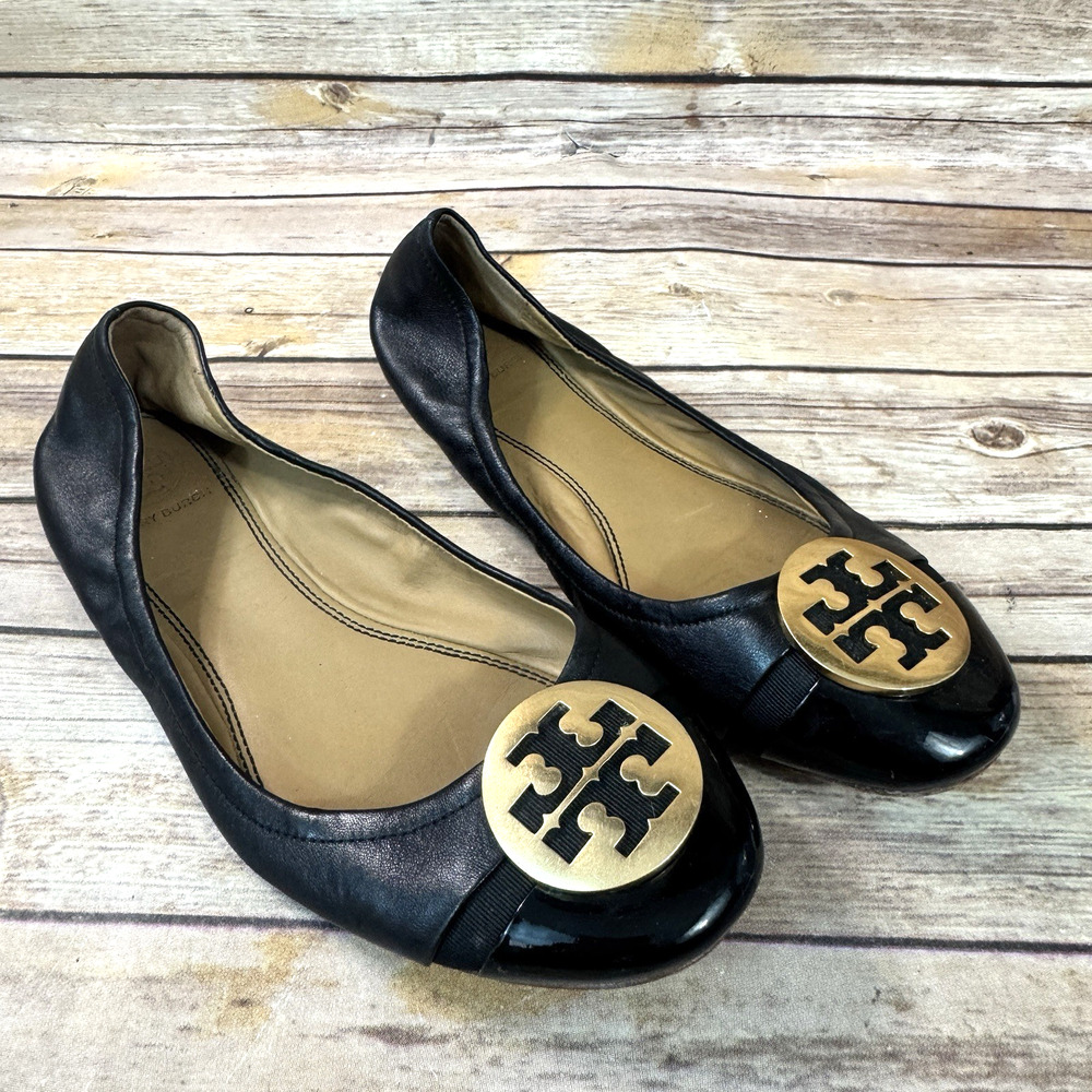 Tory Burch Womens Minnie Patent Leather Cap Toe Black Leather Ballet Flat Shoes